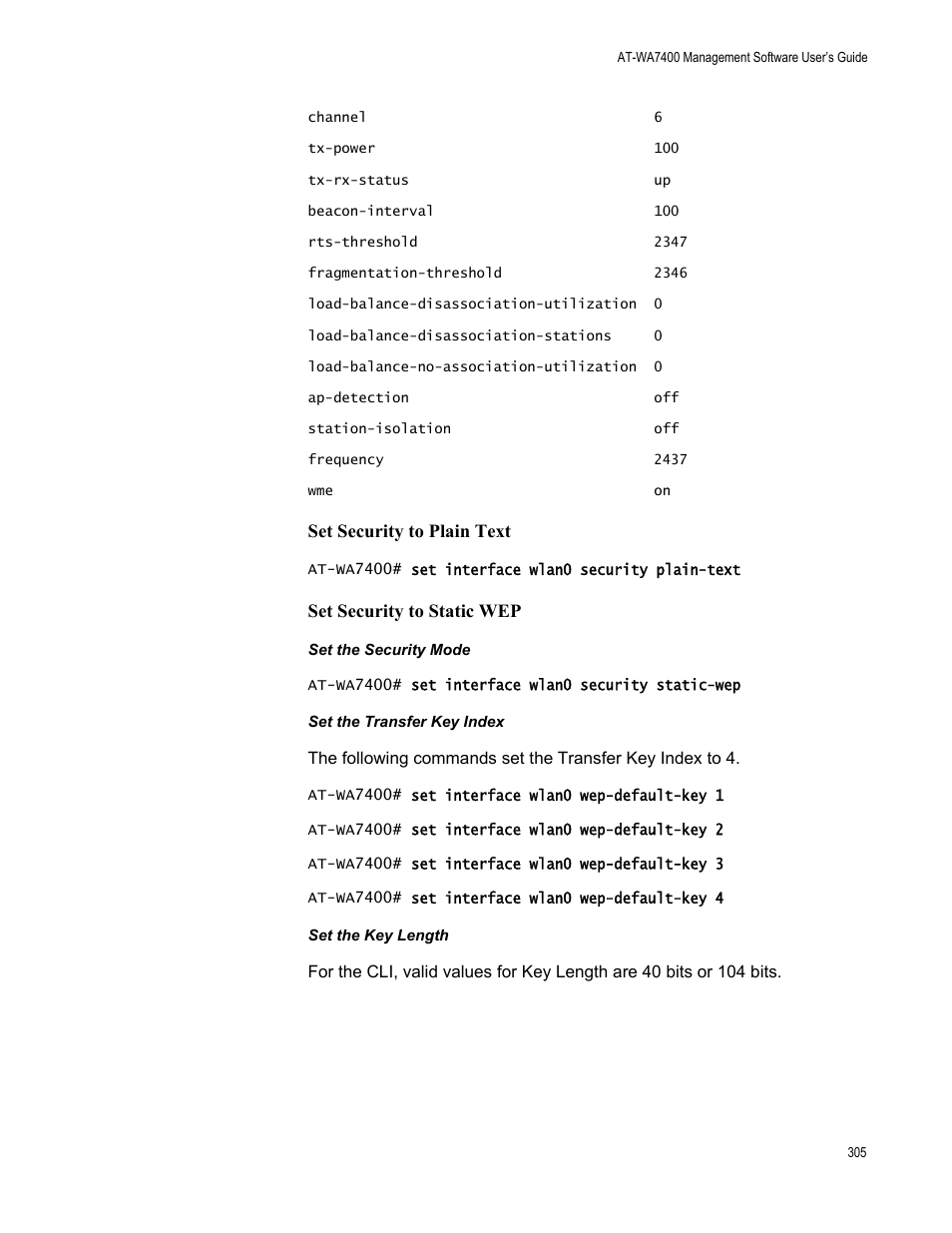 Set security to plain text, Set security to static wep | Allied Telesis AT-WA7400/EU User Manual | Page 305 / 364