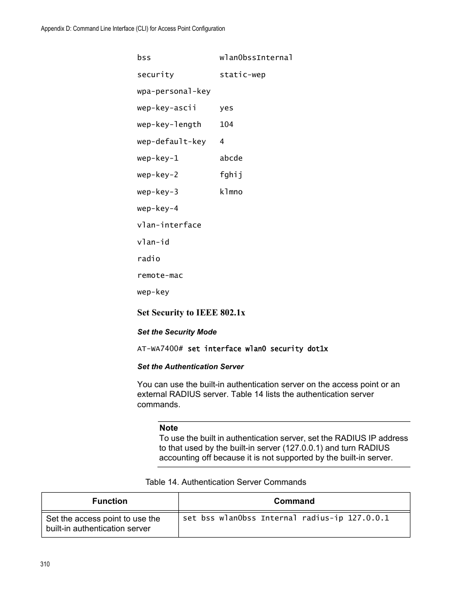 Set security to ieee 802.1x, Table 19. authentication server commands | Allied Telesis AT-WA7400/EU User Manual | Page 310 / 364