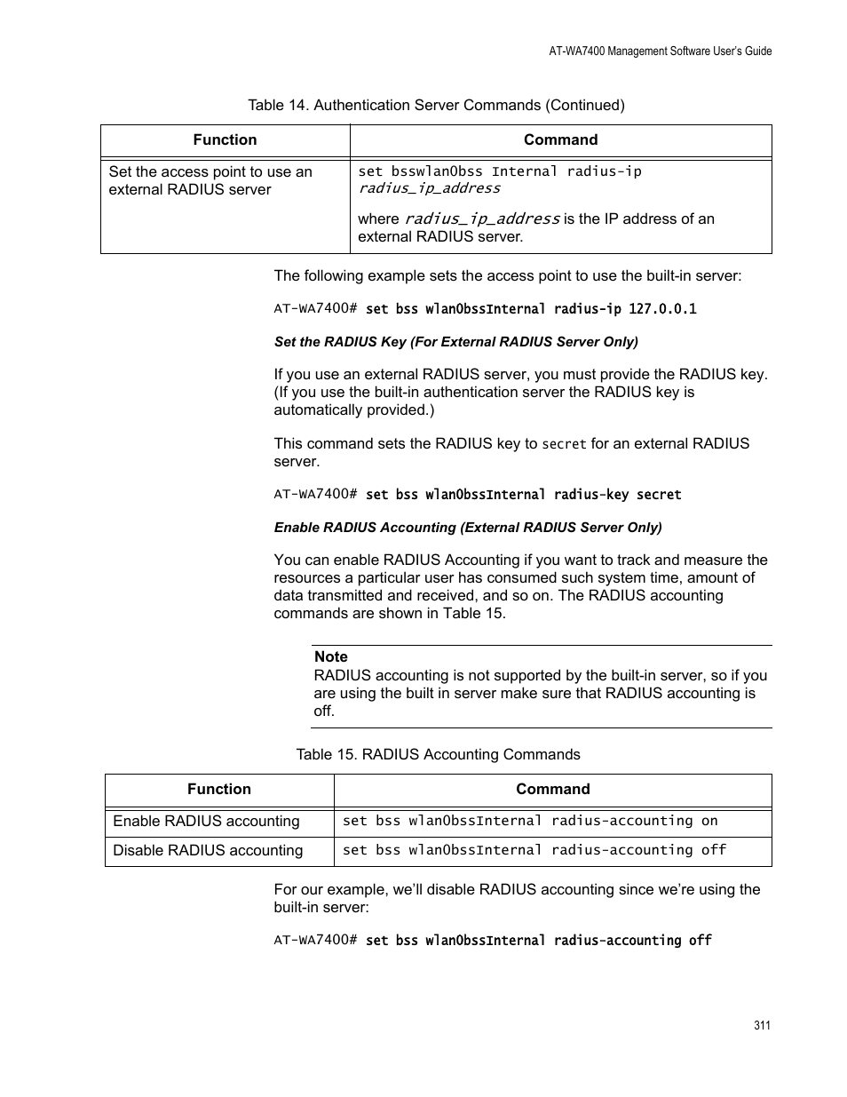 Table 20. radius accounting commands | Allied Telesis AT-WA7400/EU User Manual | Page 311 / 364
