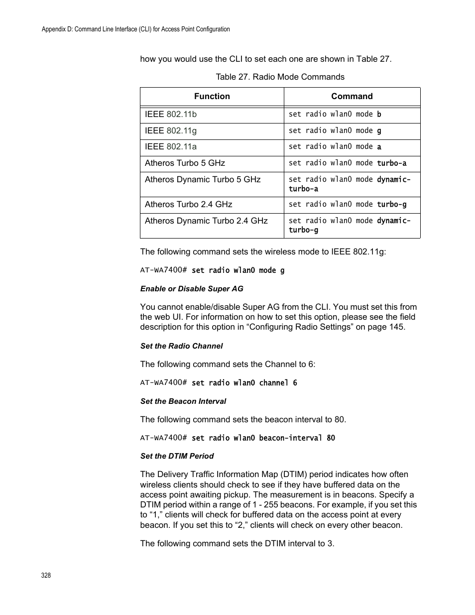 Table 32. radio mode commands | Allied Telesis AT-WA7400/EU User Manual | Page 328 / 364