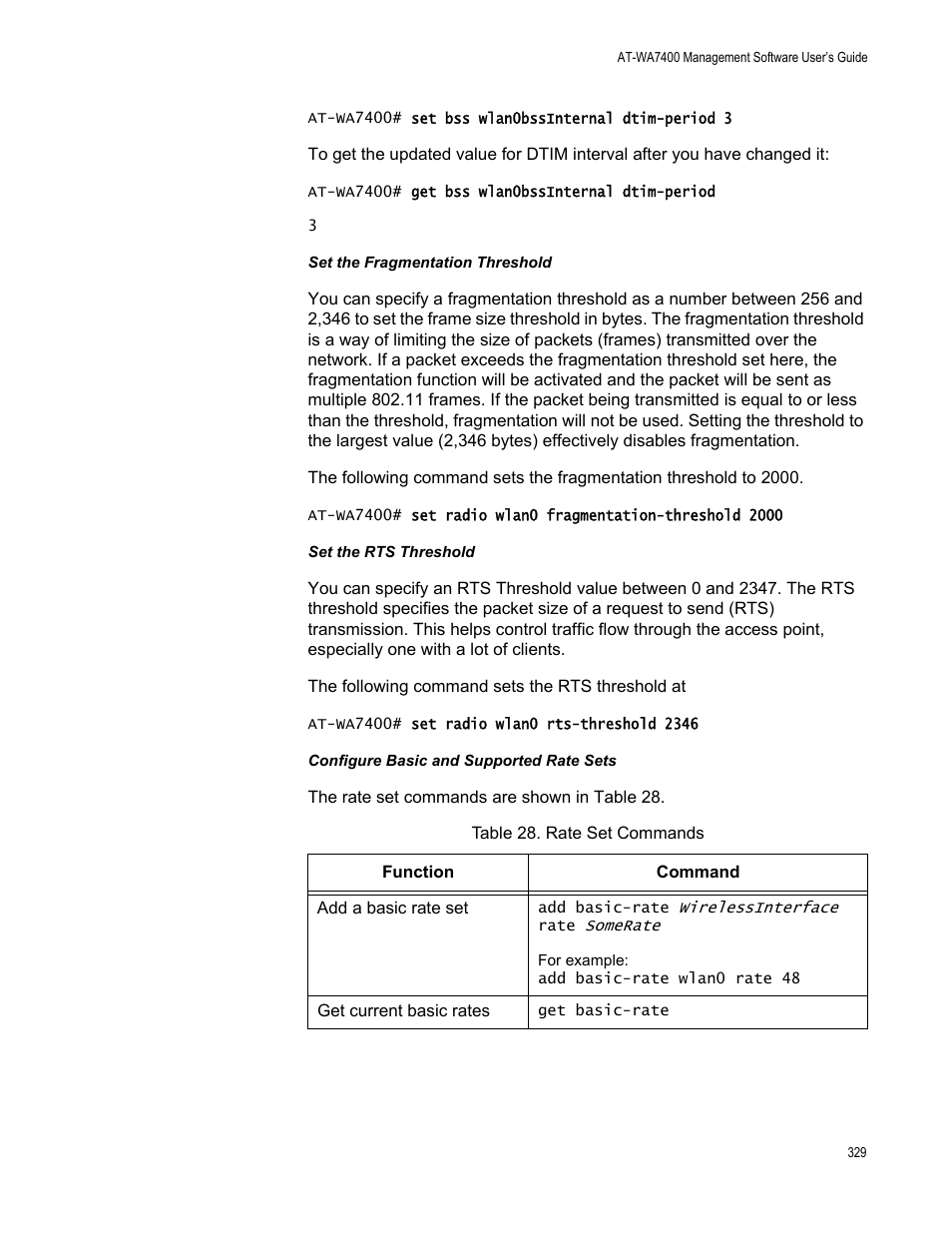 Table 33. rate set commands | Allied Telesis AT-WA7400/EU User Manual | Page 329 / 364