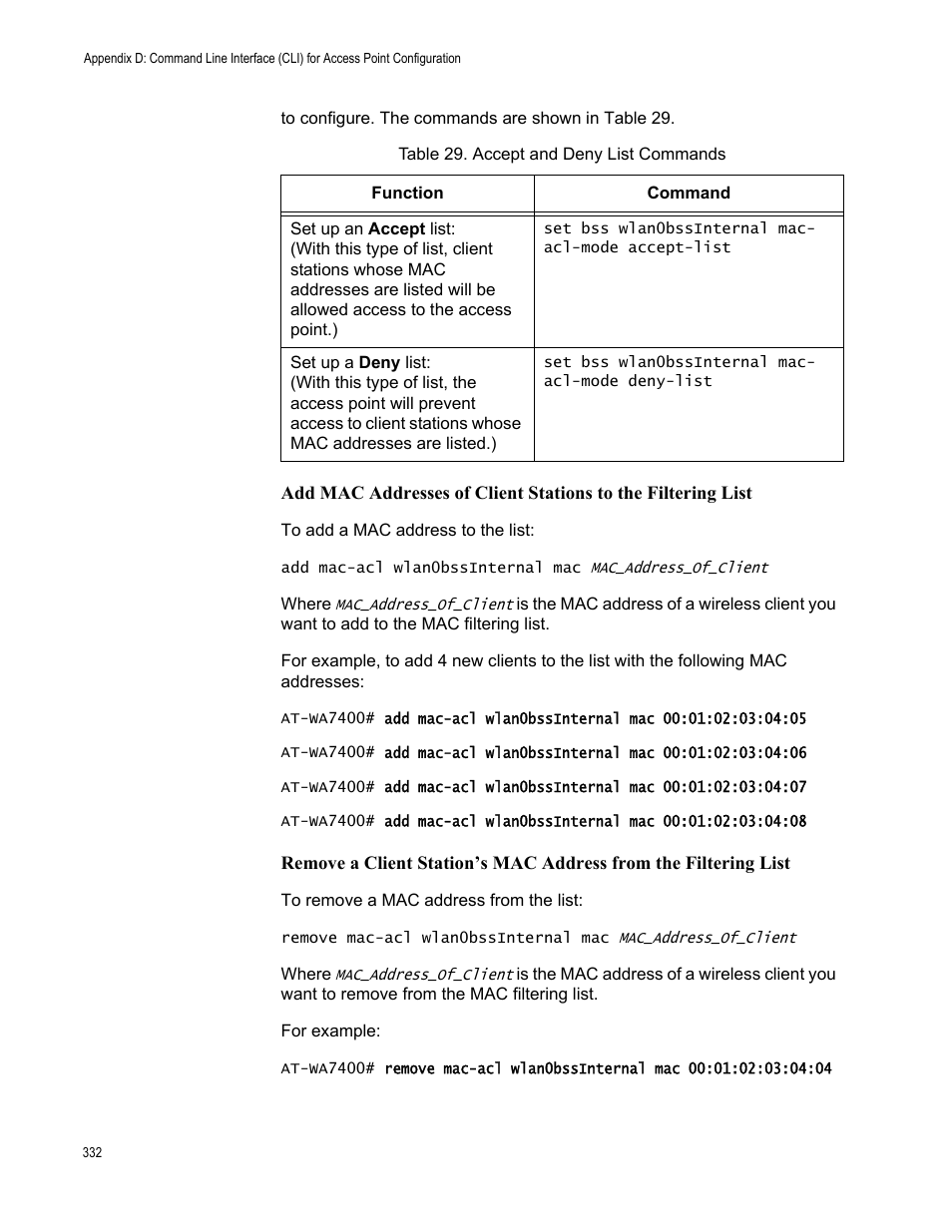 Table 34. accept and deny list commands | Allied Telesis AT-WA7400/EU User Manual | Page 332 / 364