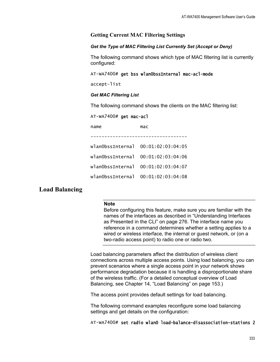 Load balancing, Getting current mac filtering settings | Allied Telesis AT-WA7400/EU User Manual | Page 333 / 364