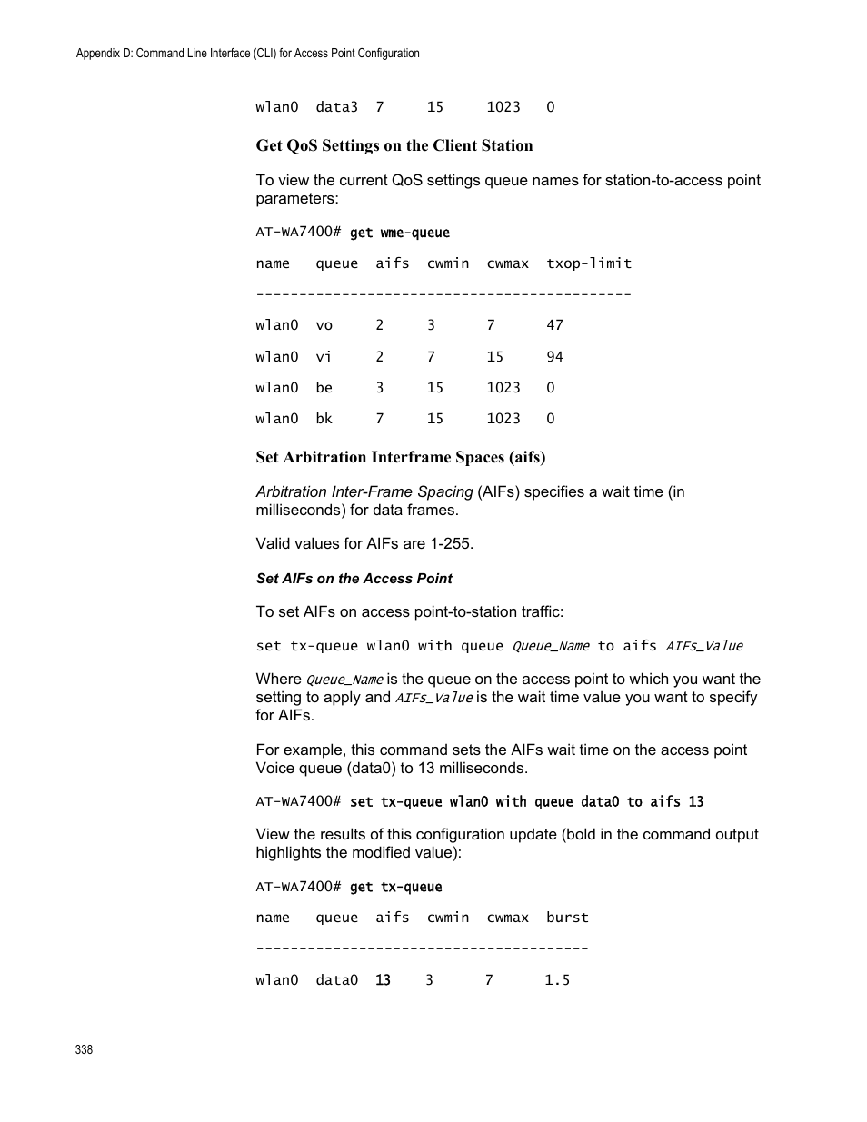 Set aifs on the access point, Get qos settings on the client station, Set arbitration interframe spaces (aifs) | Allied Telesis AT-WA7400/EU User Manual | Page 338 / 364