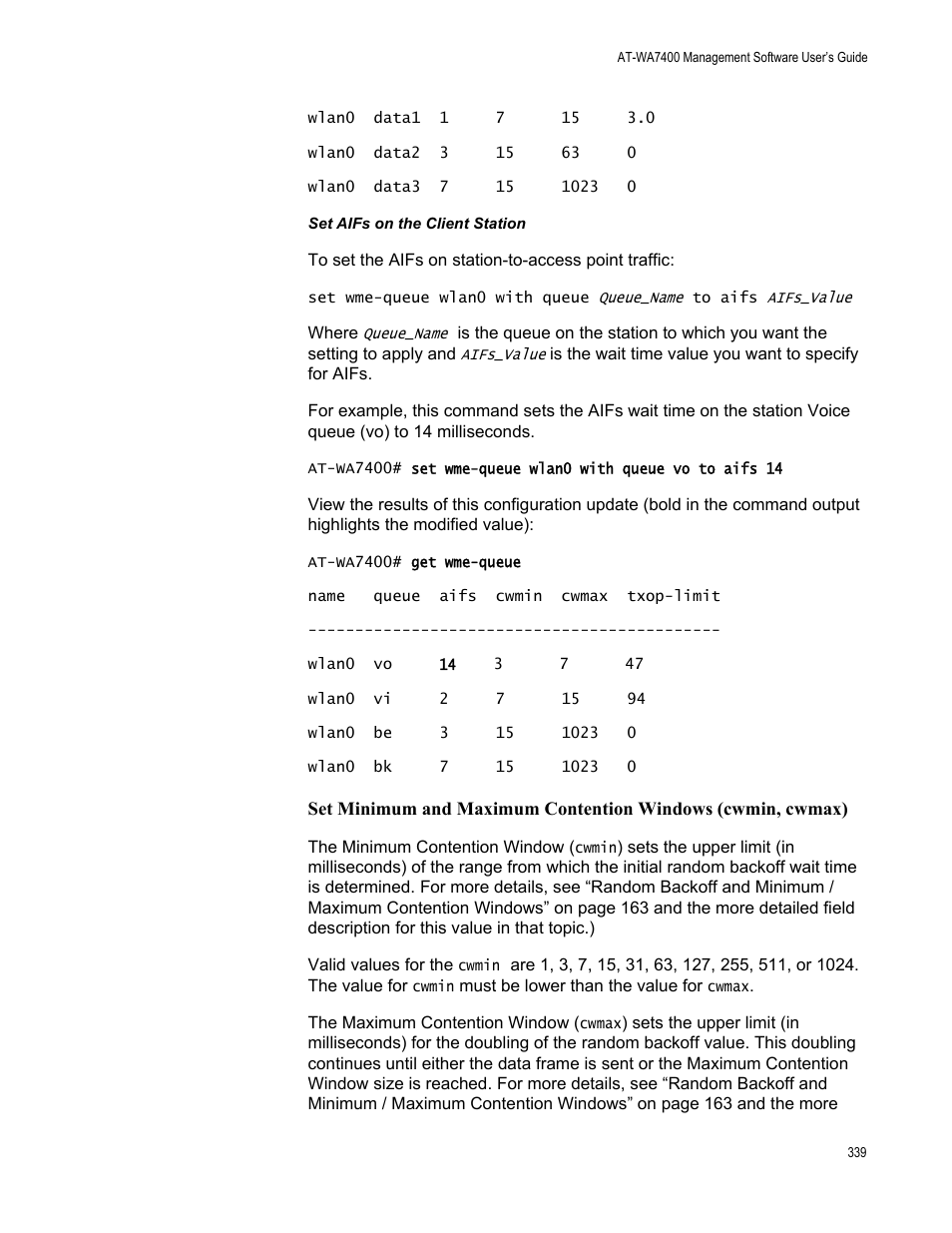Set aifs on the client station | Allied Telesis AT-WA7400/EU User Manual | Page 339 / 364