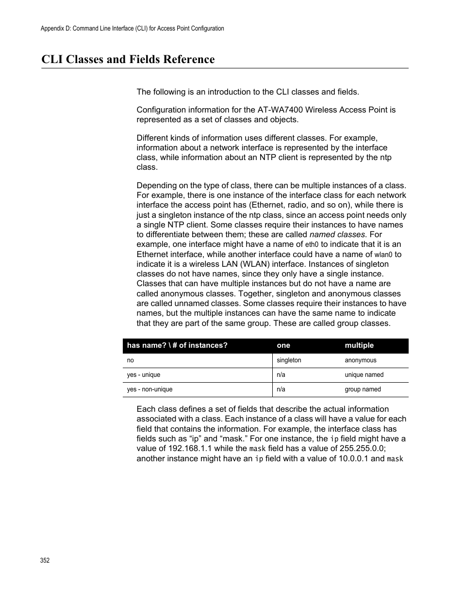 Cli classes and fields reference | Allied Telesis AT-WA7400/EU User Manual | Page 352 / 364