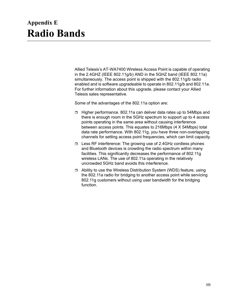 Appendix e, Radio bands, Appendix e: radio bands | Allied Telesis AT-WA7400/EU User Manual | Page 355 / 364