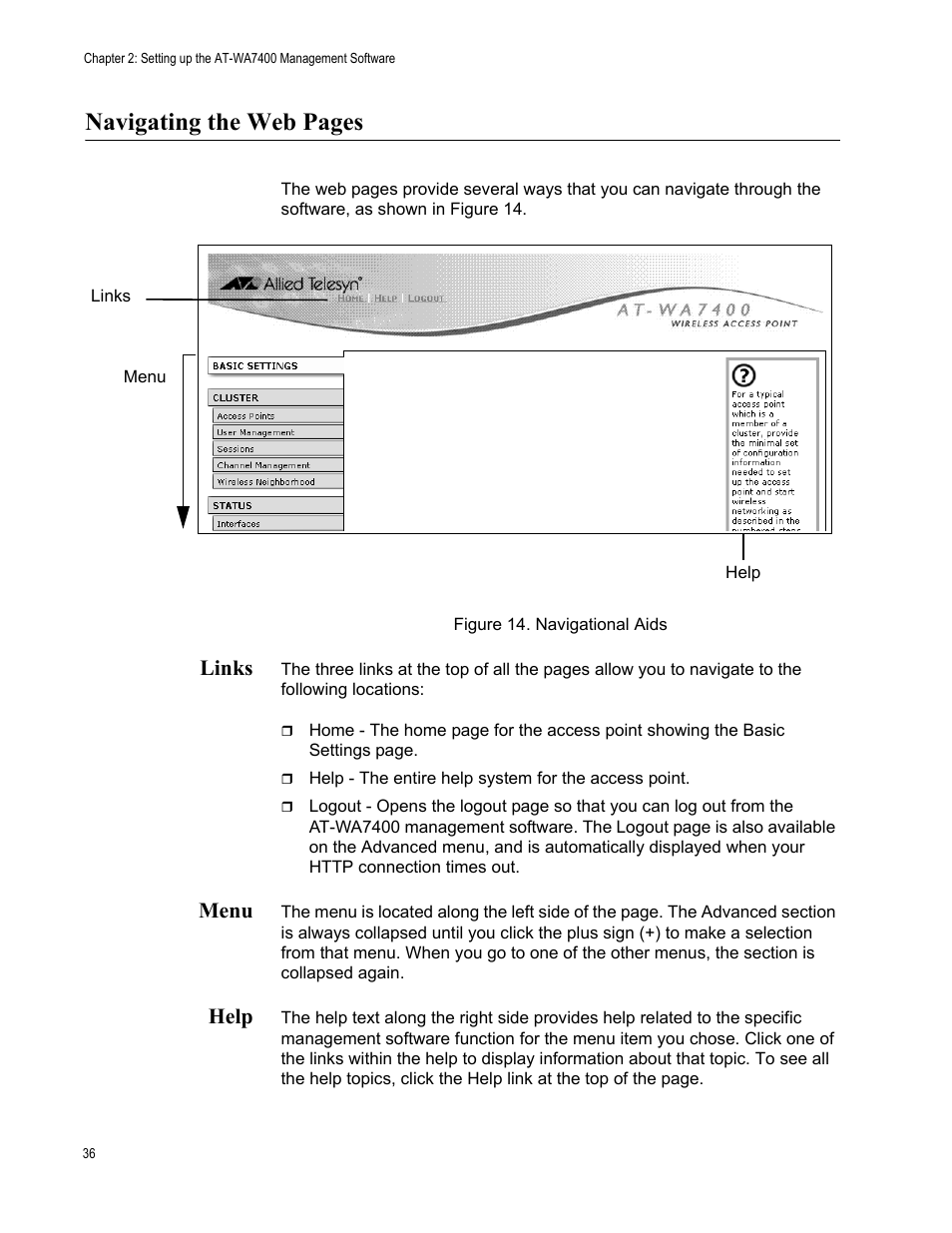 Links, Menu, Help | Links menu help, Figure 14. navigational aids, Navigating the web pages | Allied Telesis AT-WA7400/EU User Manual | Page 36 / 364