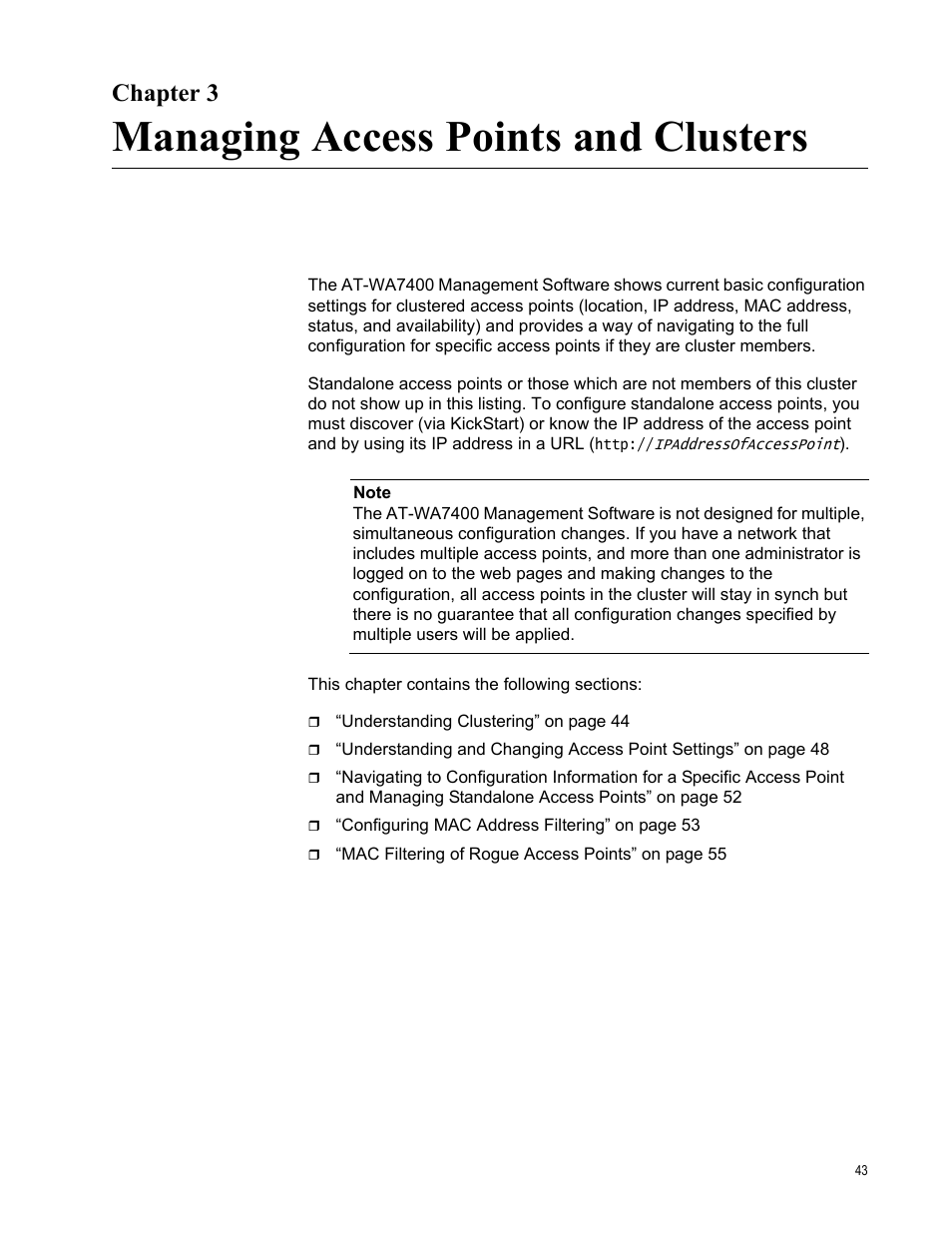Chapter 3, Managing access points and clusters, R 3: managing access points and clusters | Allied Telesis AT-WA7400/EU User Manual | Page 43 / 364