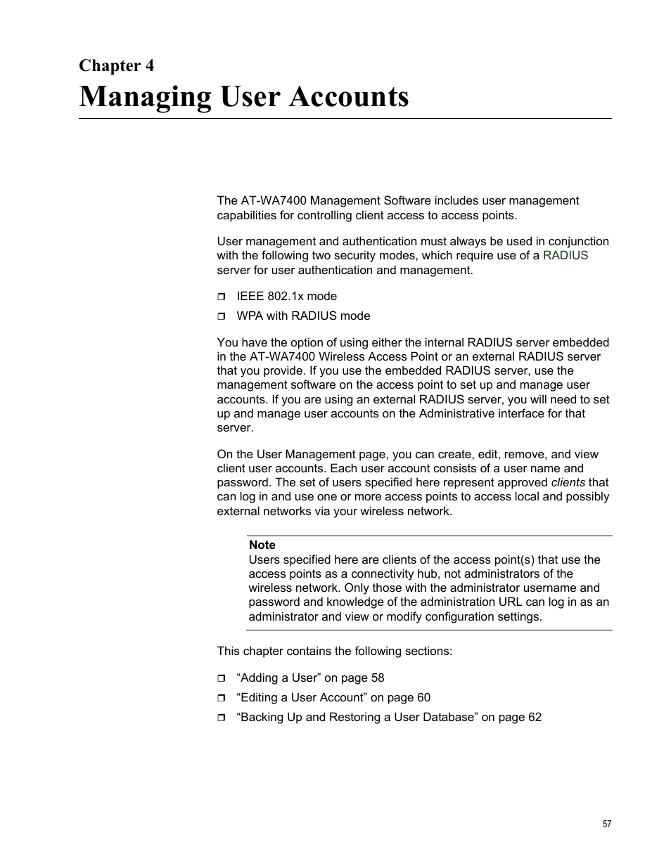 Chapter 4, Managing user accounts, R 4: managing user accounts | Allied Telesis AT-WA7400/EU User Manual | Page 57 / 364
