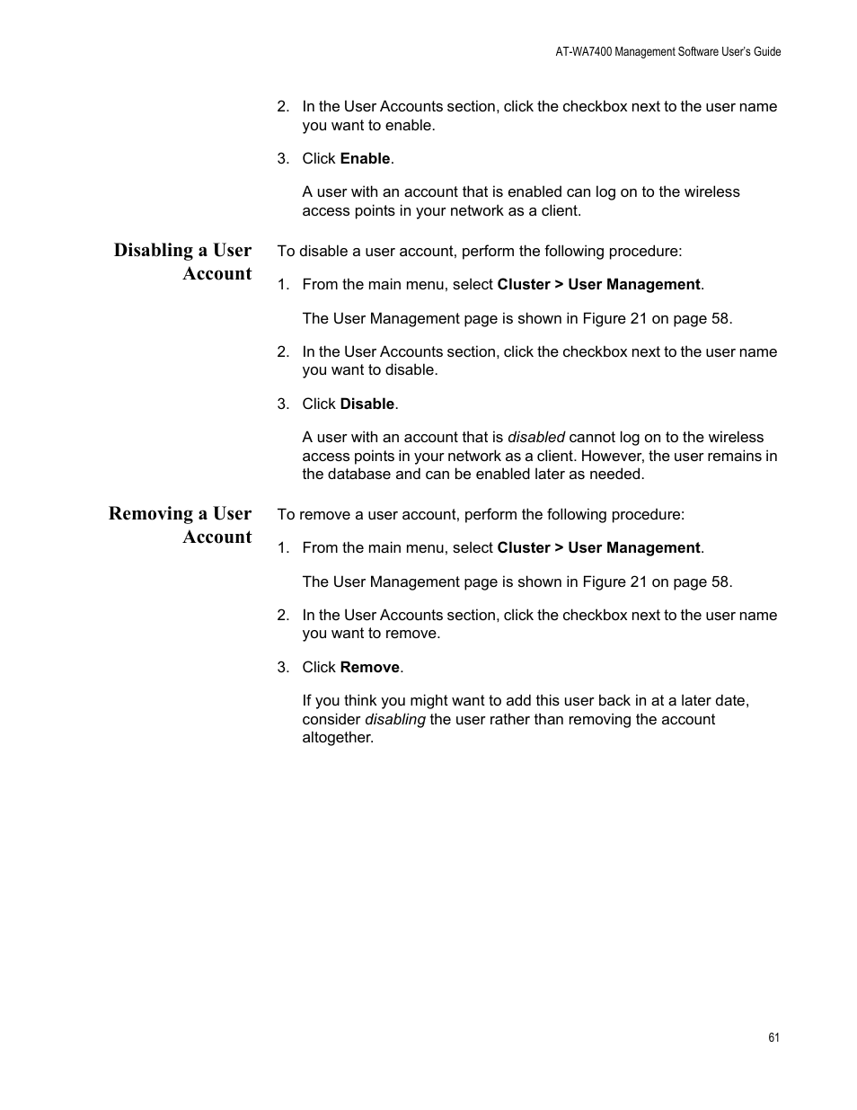 Disabling a user account, Removing a user account, Disabling a user account removing a user account | Allied Telesis AT-WA7400/EU User Manual | Page 61 / 364