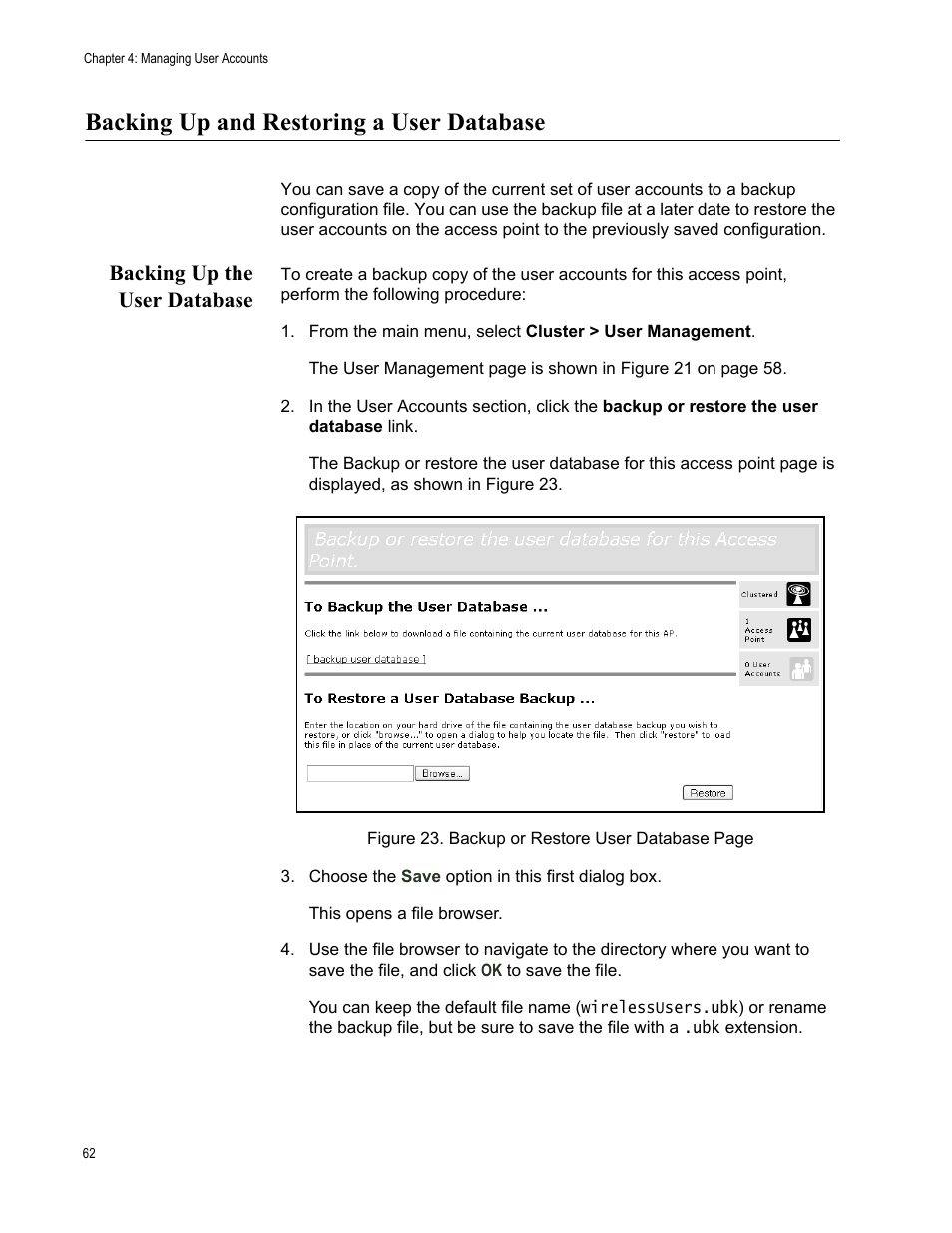 Backing up and restoring a user database, Backing up the user database | Allied Telesis AT-WA7400/EU User Manual | Page 62 / 364