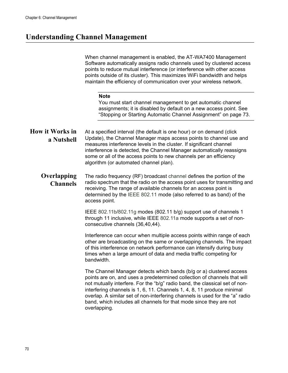 Understanding channel management, How it works in a nutshell, Overlapping channels | How it works in a nutshell overlapping channels | Allied Telesis AT-WA7400/EU User Manual | Page 70 / 364