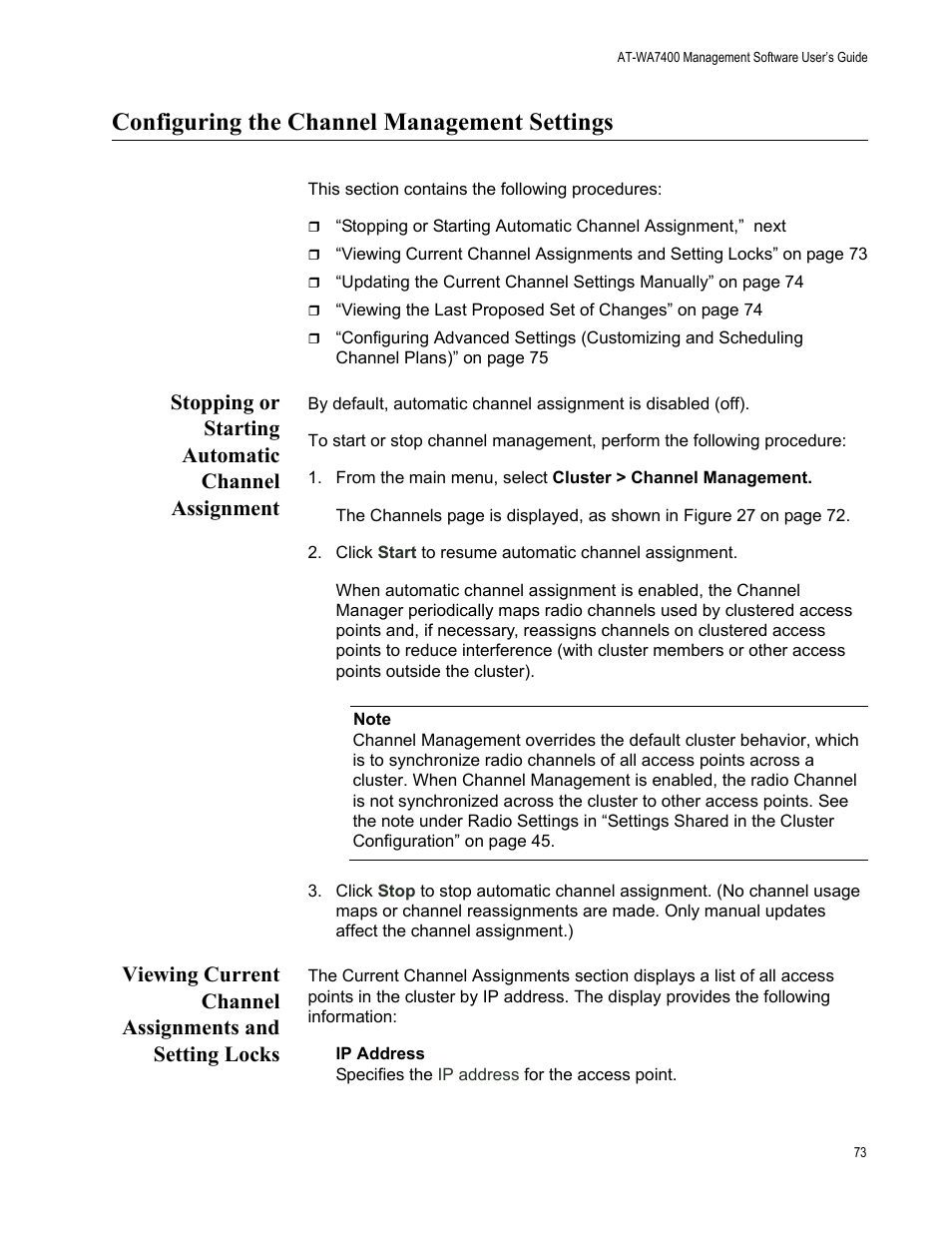 Configuring the channel management settings, Stopping or starting automatic channel assignment | Allied Telesis AT-WA7400/EU User Manual | Page 73 / 364