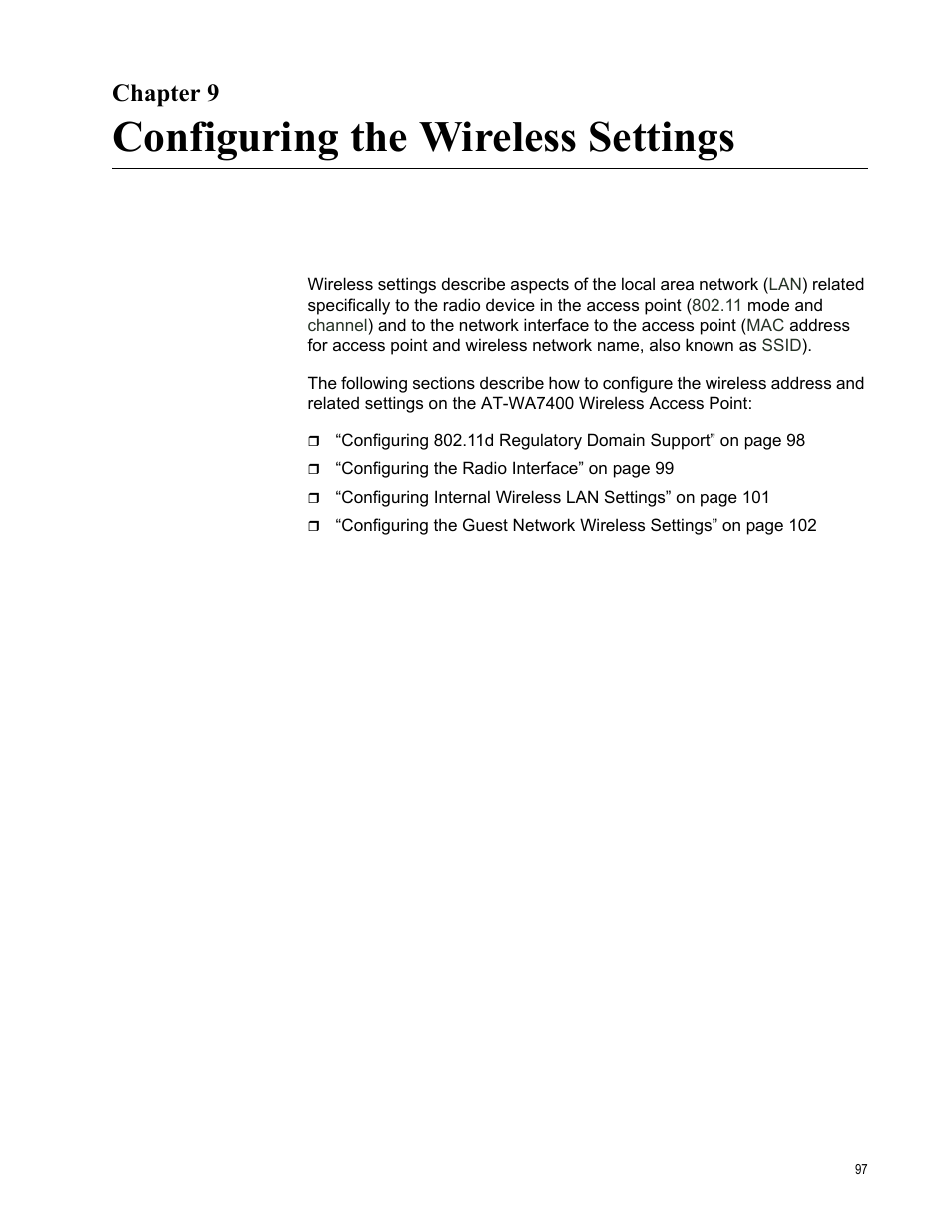 Chapter 9, Configuring the wireless settings | Allied Telesis AT-WA7400/EU User Manual | Page 97 / 364