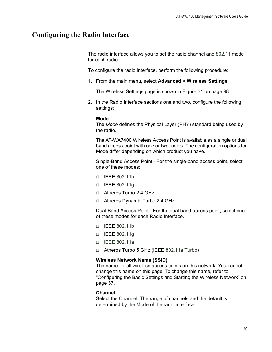 Configuring the radio interface | Allied Telesis AT-WA7400/EU User Manual | Page 99 / 364