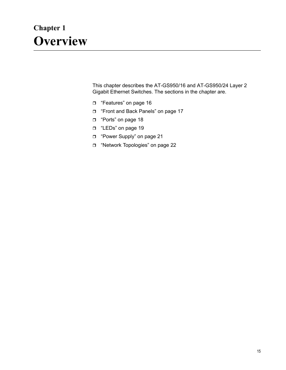 Chapter 1, Overview | Allied Telesis AT-GS950/24 User Manual | Page 15 / 44