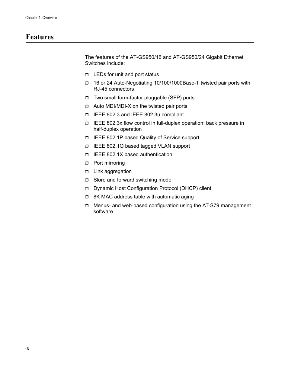 Features | Allied Telesis AT-GS950/24 User Manual | Page 16 / 44