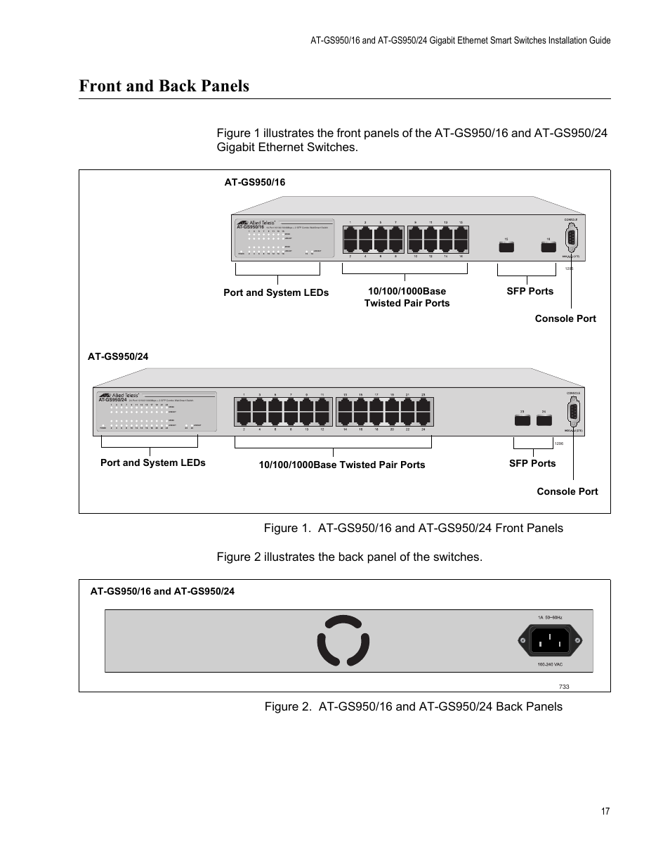 Front and back panels | Allied Telesis AT-GS950/24 User Manual | Page 17 / 44