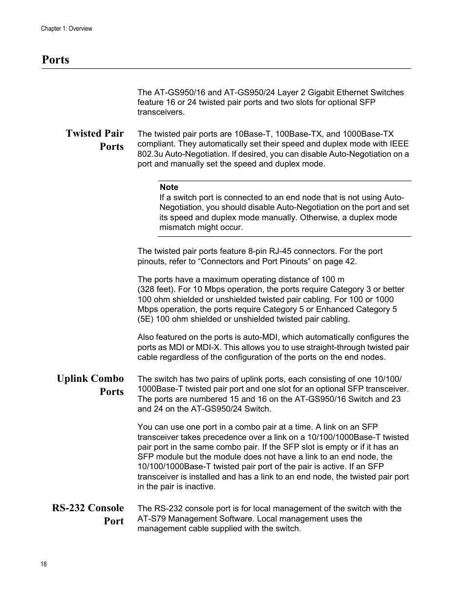 Ports, Twisted pair ports, Uplink combo ports | Rs-232 console port | Allied Telesis AT-GS950/24 User Manual | Page 18 / 44