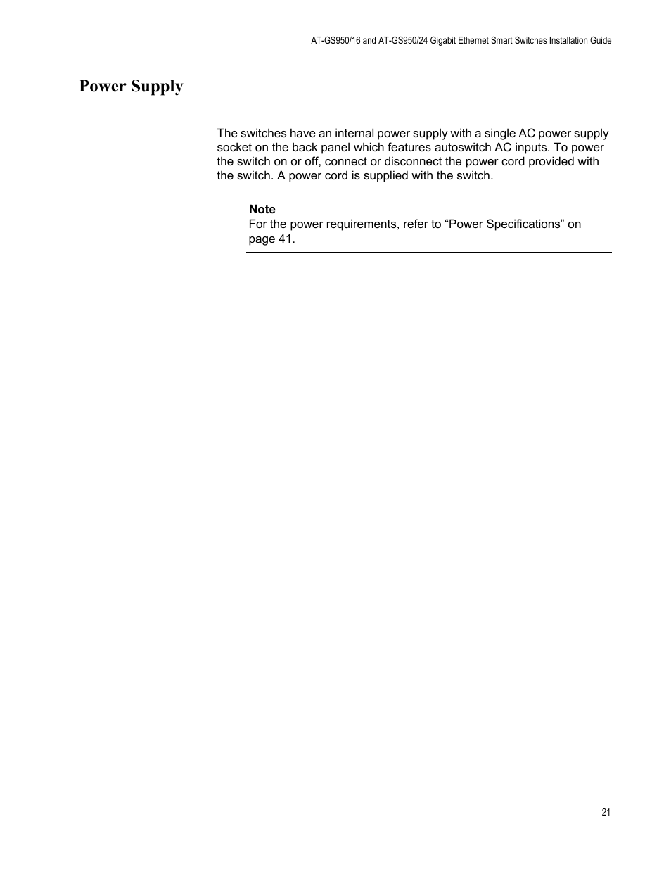 Power supply | Allied Telesis AT-GS950/24 User Manual | Page 21 / 44