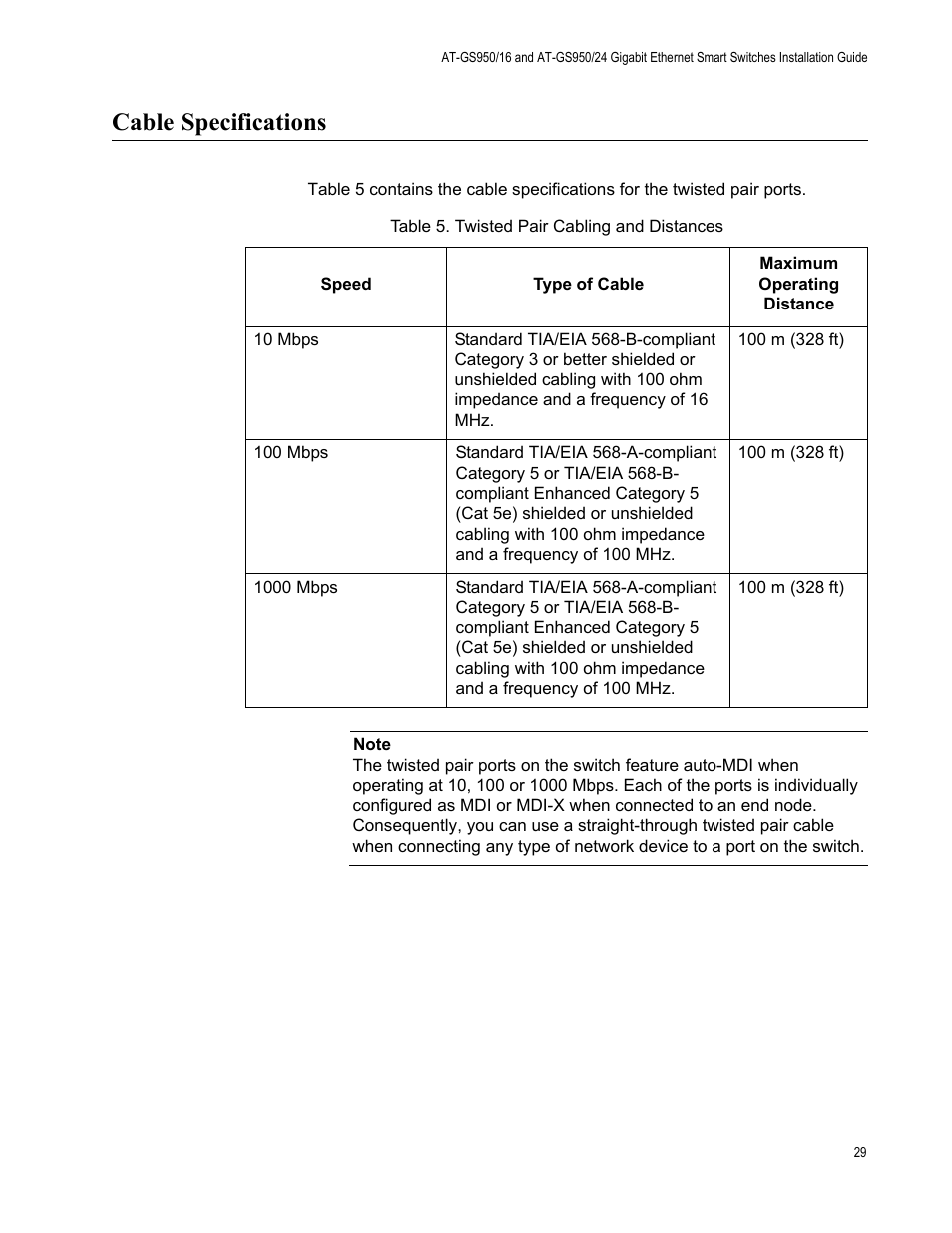 Cable specifications, Table 5. twisted pair cabling and distances | Allied Telesis AT-GS950/24 User Manual | Page 29 / 44
