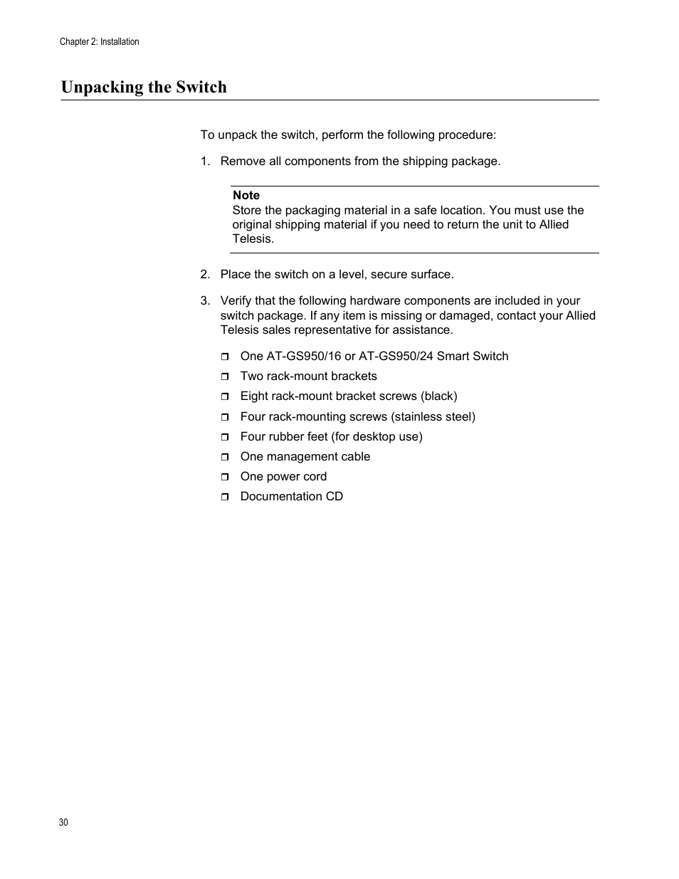 Unpacking the switch | Allied Telesis AT-GS950/24 User Manual | Page 30 / 44
