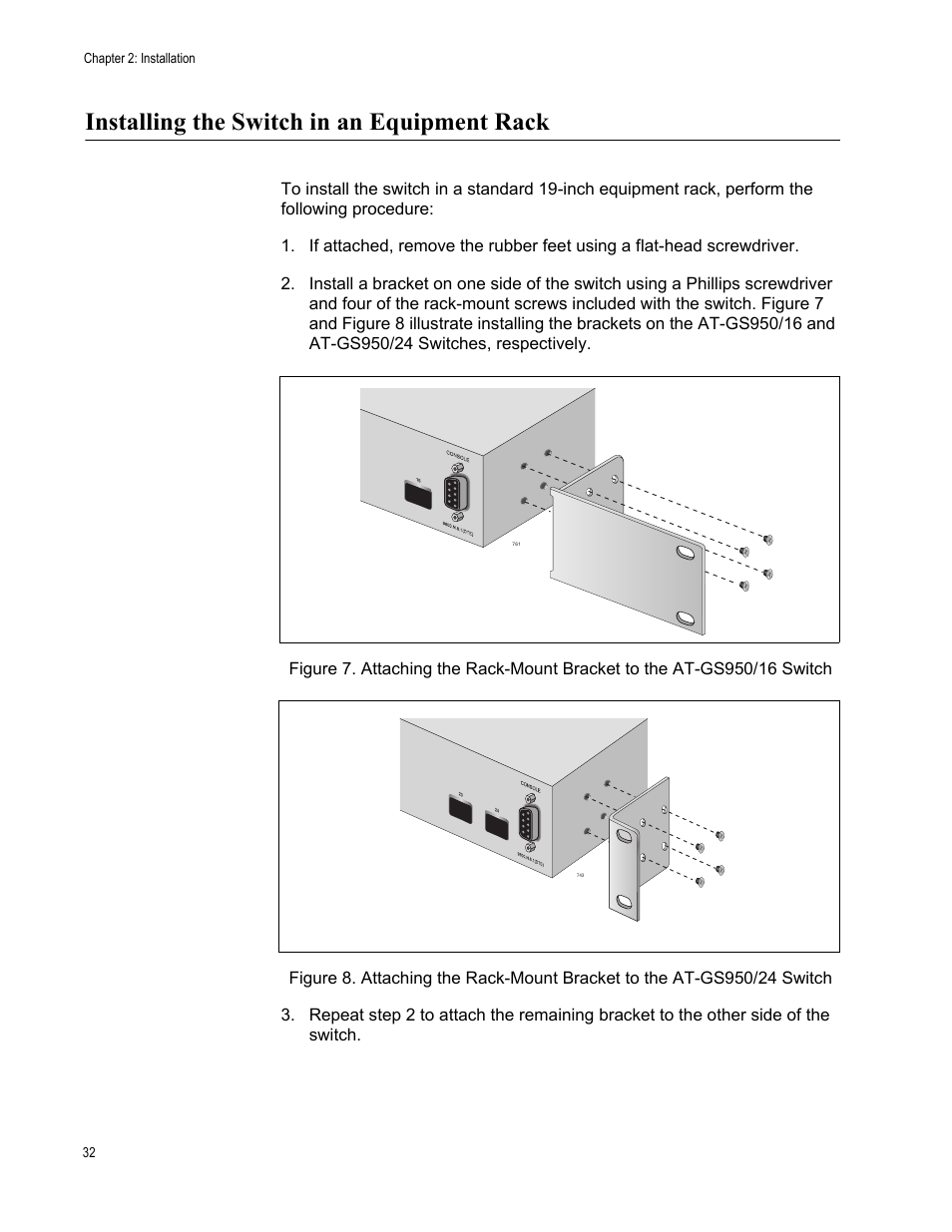 Installing the switch in an equipment rack | Allied Telesis AT-GS950/24 User Manual | Page 32 / 44