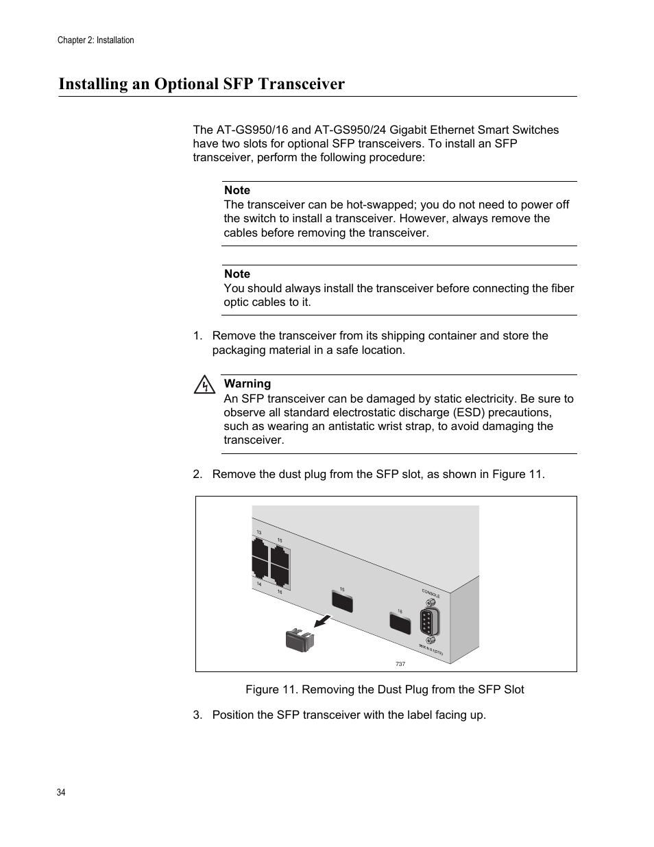 Installing an optional sfp transceiver | Allied Telesis AT-GS950/24 User Manual | Page 34 / 44
