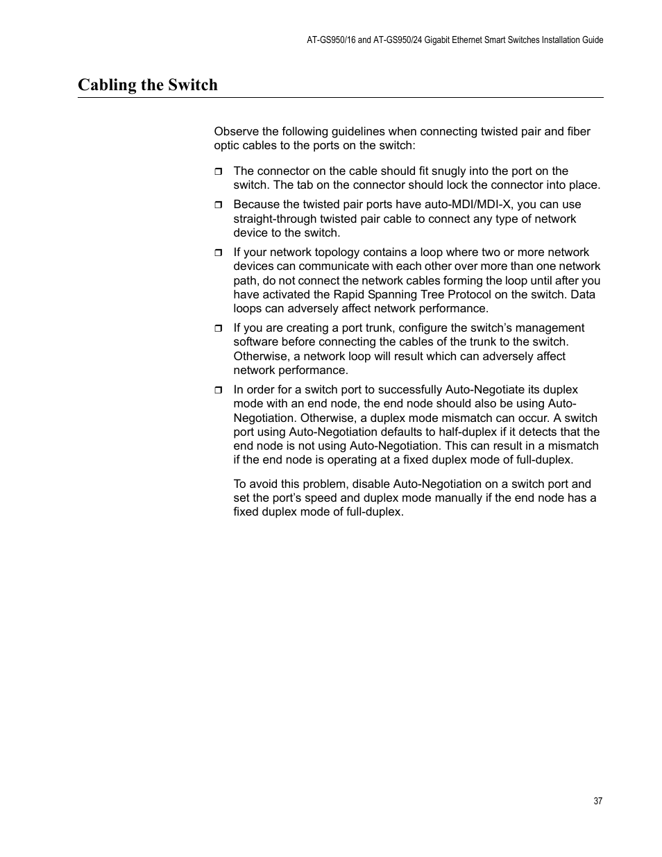 Cabling the switch | Allied Telesis AT-GS950/24 User Manual | Page 37 / 44