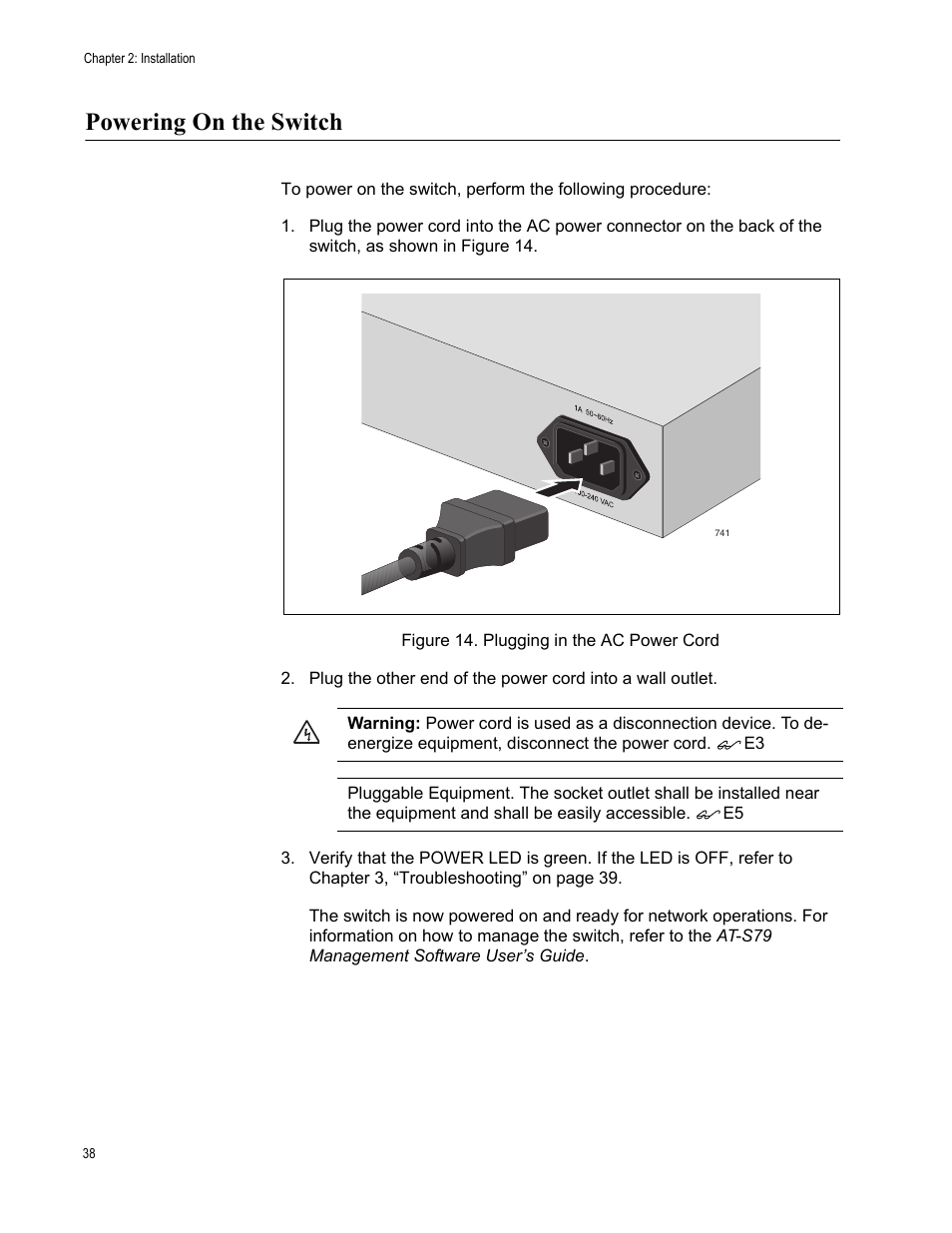 Powering on the switch, Figure 14. plugging in the ac power cord | Allied Telesis AT-GS950/24 User Manual | Page 38 / 44