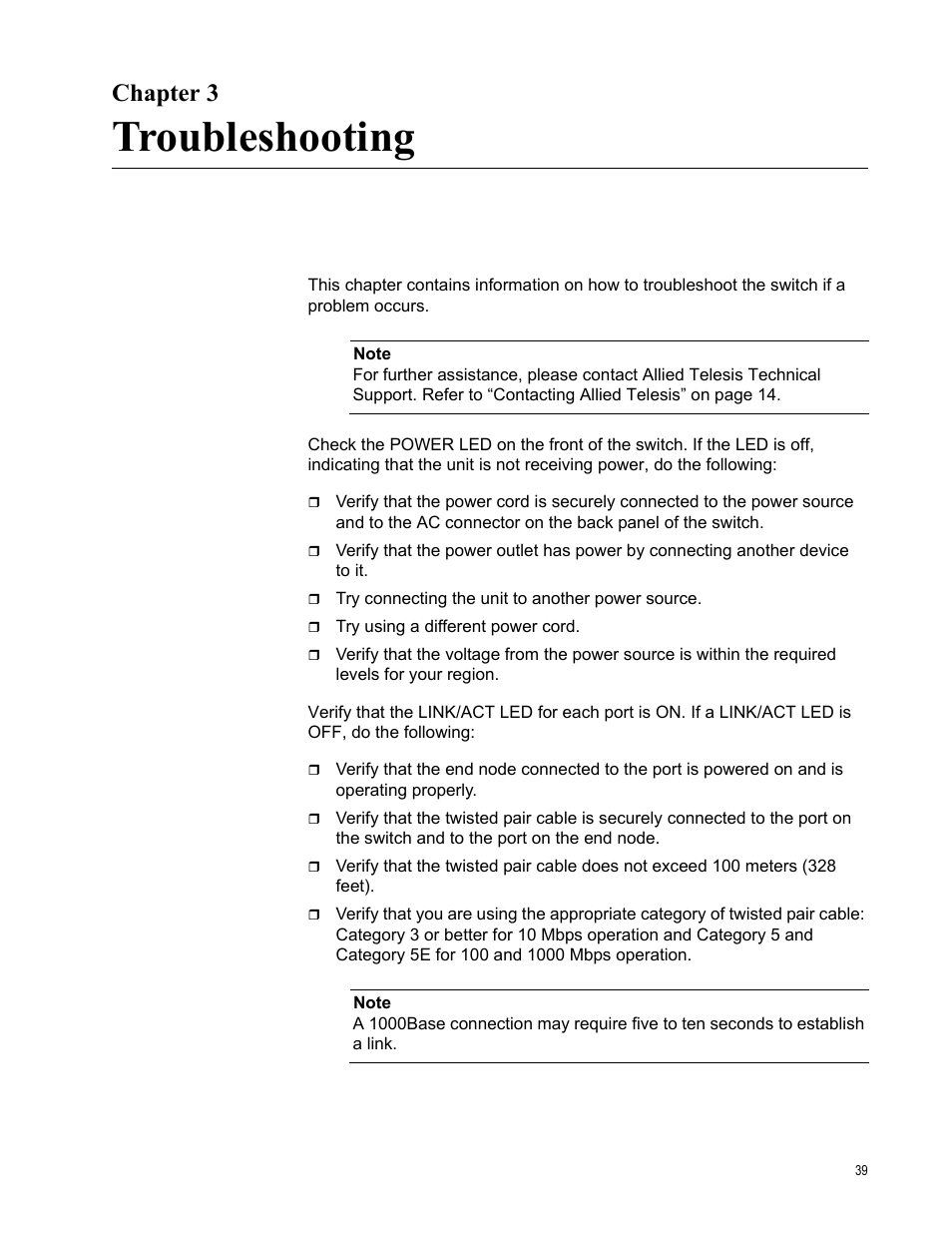 Chapter 3, Troubleshooting, R 3: troubleshooting | Allied Telesis AT-GS950/24 User Manual | Page 39 / 44