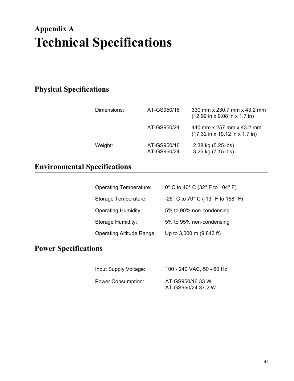 Appendix a, Technical specifications, Physical specifications | Environmental specifications, Power specifications, Appendix a: technical specifications | Allied Telesis AT-GS950/24 User Manual | Page 41 / 44