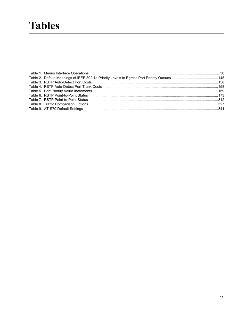 Tables | Allied Telesis AT-S79 User Manual | Page 11 / 348