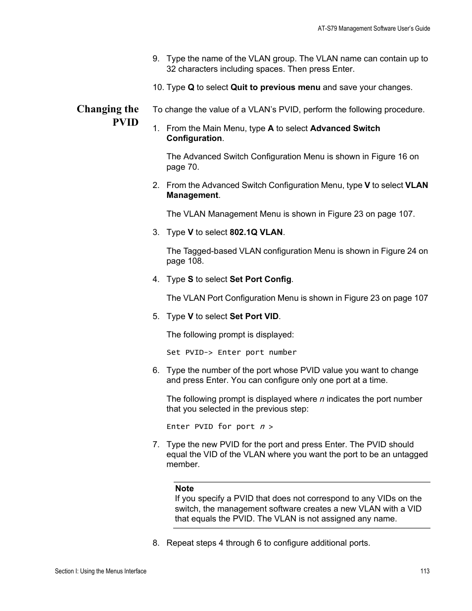 Changing the pvid | Allied Telesis AT-S79 User Manual | Page 113 / 348