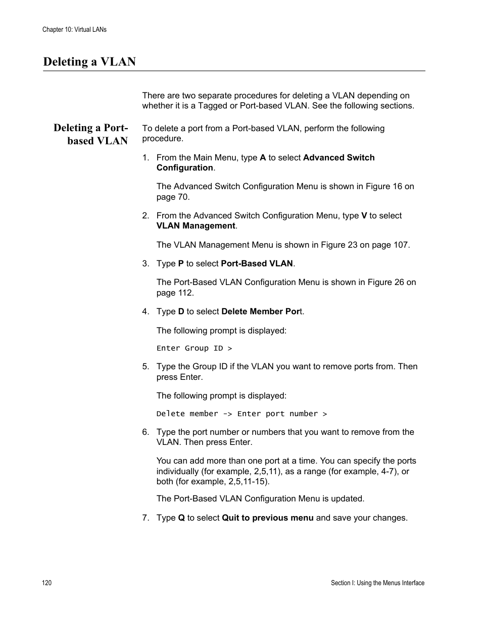 Deleting a vlan, Deleting a port- based vlan, Deleting a port-based vlan | Allied Telesis AT-S79 User Manual | Page 120 / 348