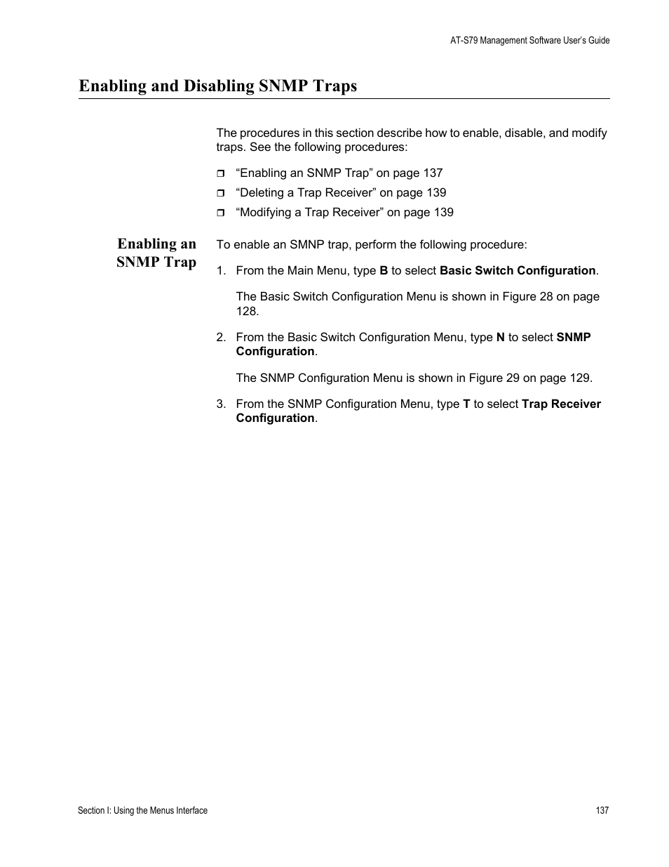 Enabling and disabling snmp traps, Enabling an snmp trap | Allied Telesis AT-S79 User Manual | Page 137 / 348