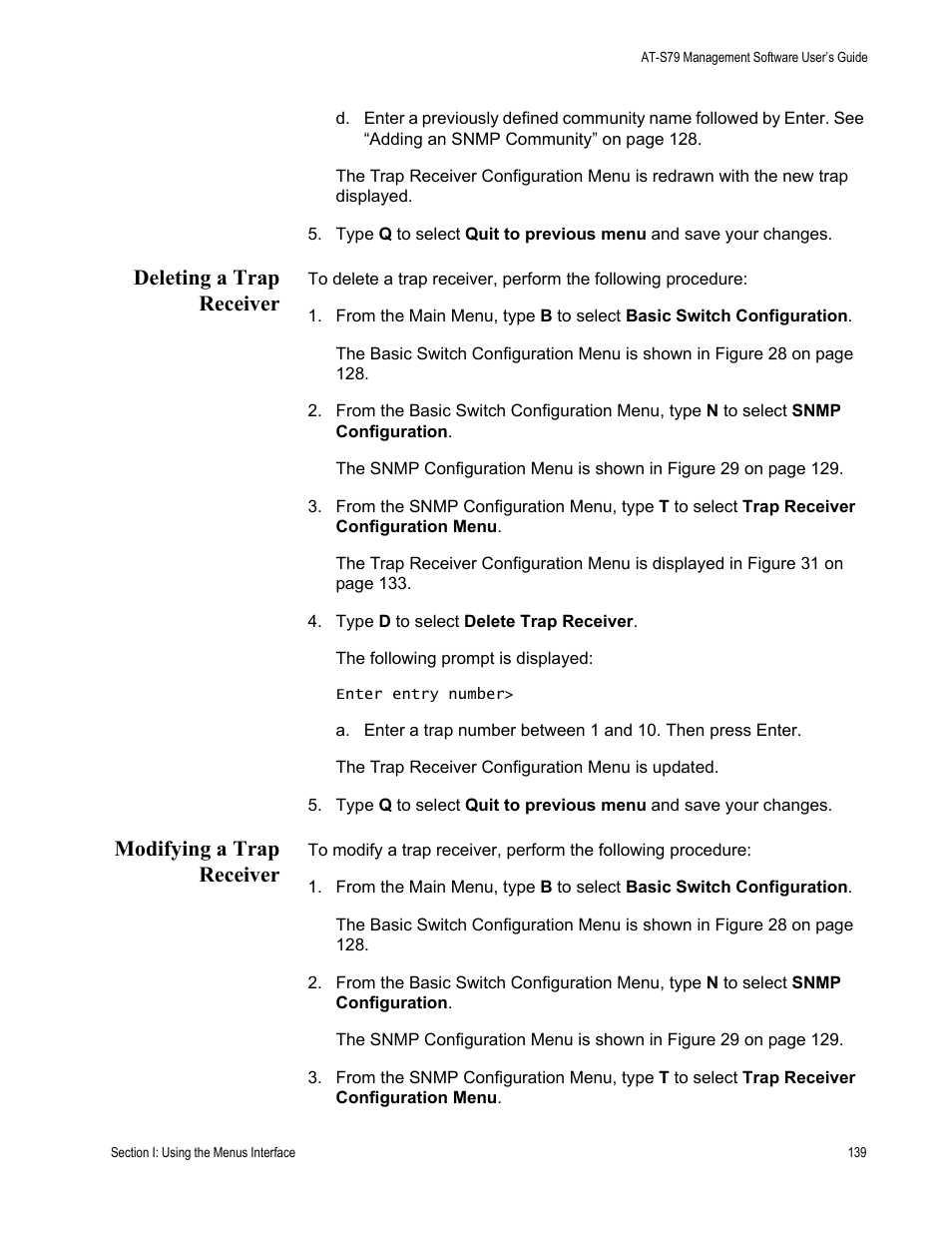 Deleting a trap receiver, Modifying a trap receiver, Deleting a trap receiver modifying a trap receiver | Allied Telesis AT-S79 User Manual | Page 139 / 348