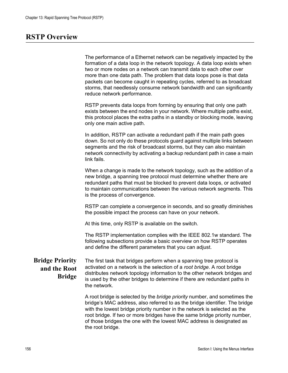 Rstp overview, Bridge priority and the root bridge | Allied Telesis AT-S79 User Manual | Page 156 / 348