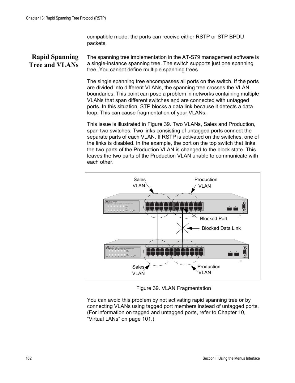 Rapid spanning tree and vlans, Figure 39. vlan fragmentation, Power | Link/act, Link/act speed link/act speed | Allied Telesis AT-S79 User Manual | Page 162 / 348