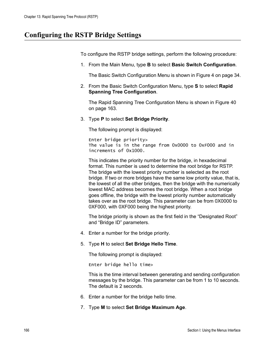 Configuring the rstp bridge settings | Allied Telesis AT-S79 User Manual | Page 166 / 348