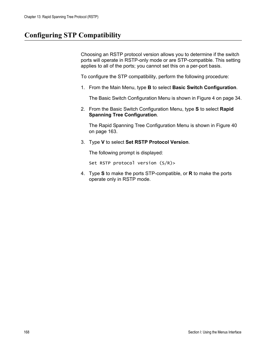 Configuring stp compatibility | Allied Telesis AT-S79 User Manual | Page 168 / 348