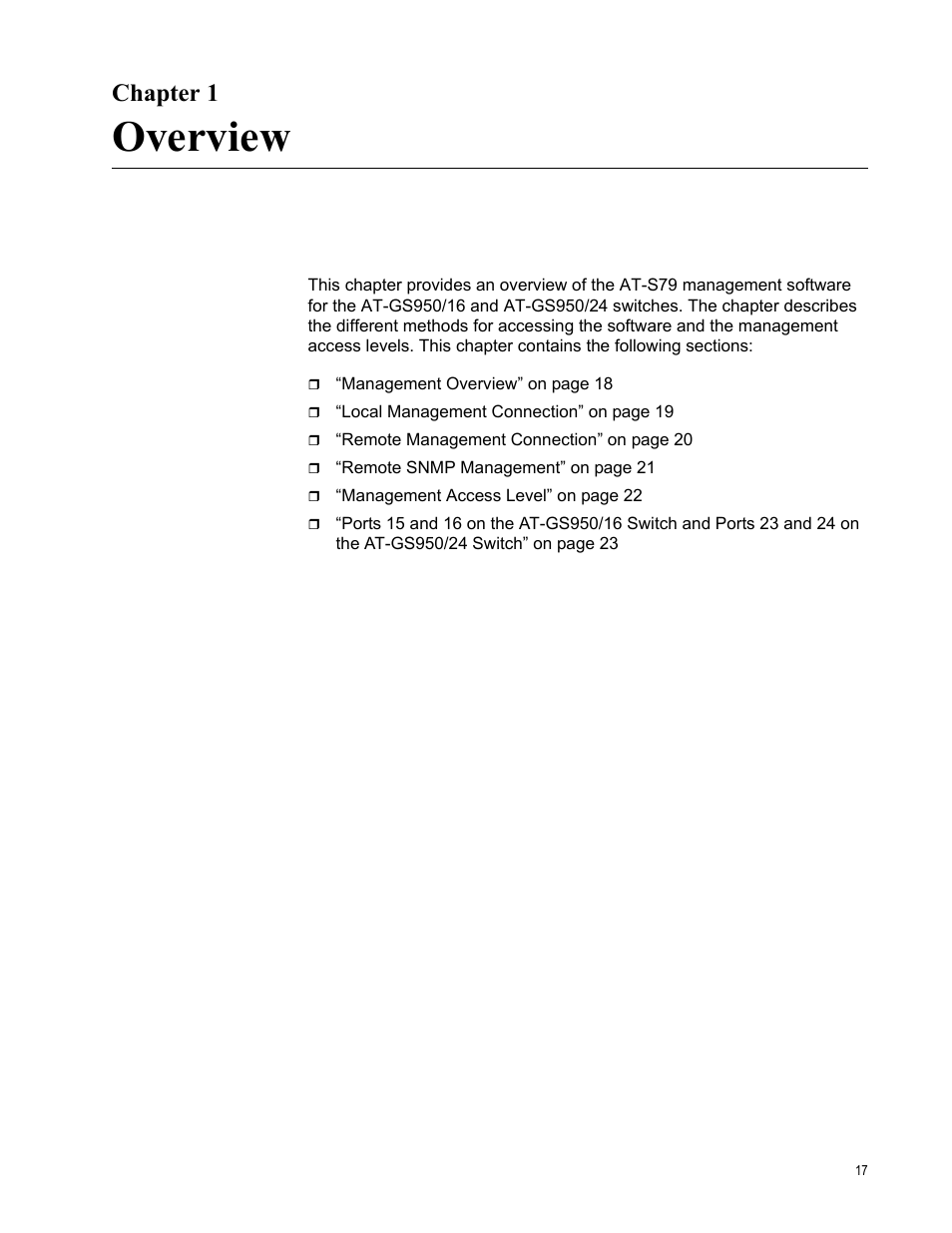 Chapter 1, Overview, R 1: overview | Allied Telesis AT-S79 User Manual | Page 17 / 348