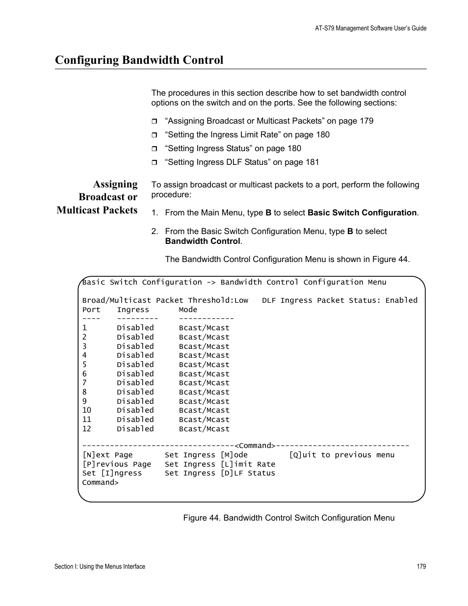 Configuring bandwidth control, Assigning broadcast or multicast packets | Allied Telesis AT-S79 User Manual | Page 179 / 348