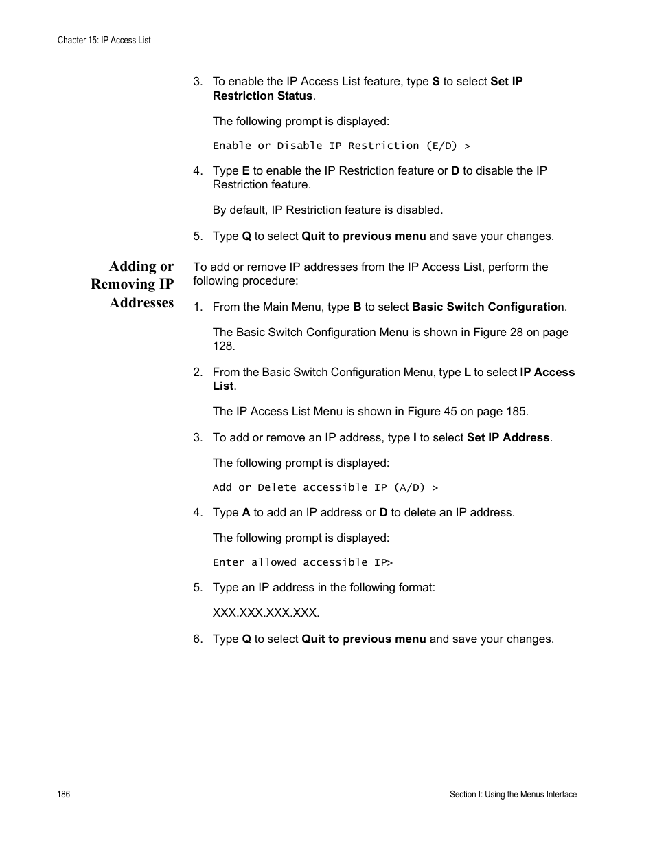 Adding or removing ip addresses | Allied Telesis AT-S79 User Manual | Page 186 / 348