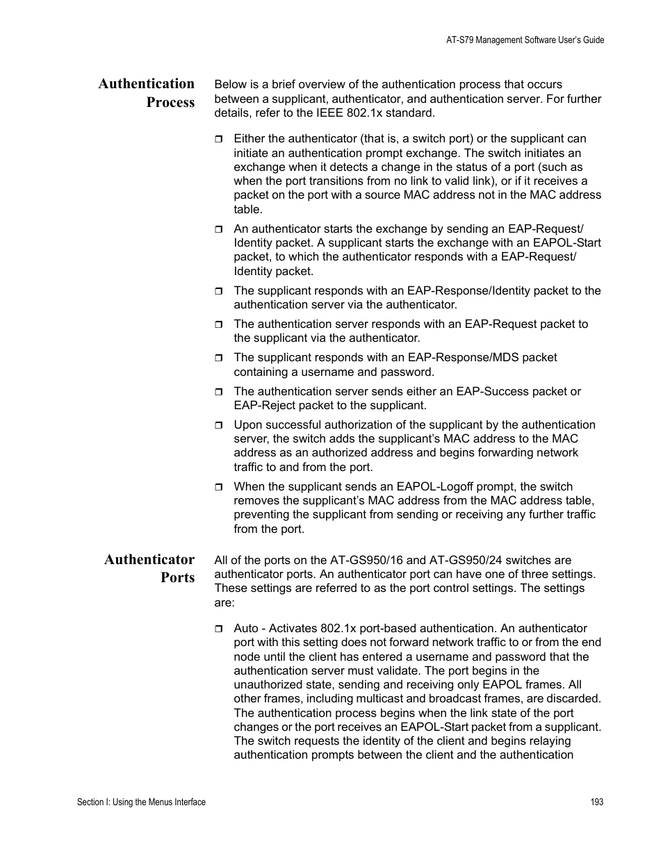 Authentication process, Authenticator ports, Authentication process authenticator ports | Allied Telesis AT-S79 User Manual | Page 193 / 348