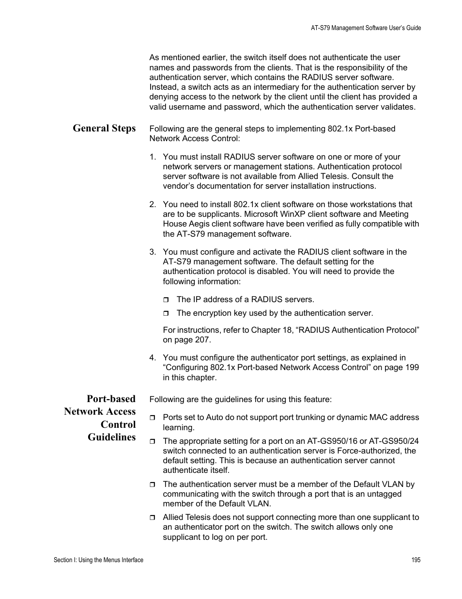 General steps, Port-based network access control guidelines | Allied Telesis AT-S79 User Manual | Page 195 / 348
