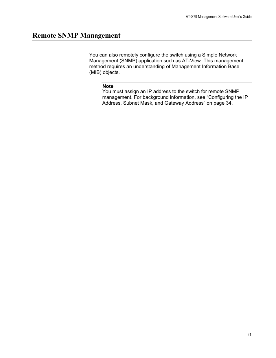 Remote snmp management | Allied Telesis AT-S79 User Manual | Page 21 / 348