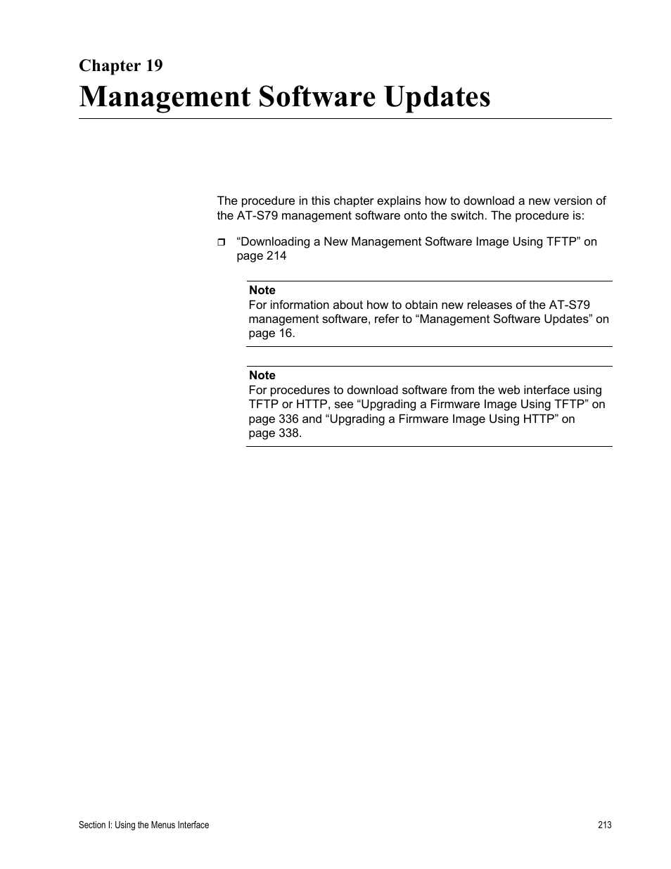 Chapter 19, Management software updates | Allied Telesis AT-S79 User Manual | Page 213 / 348