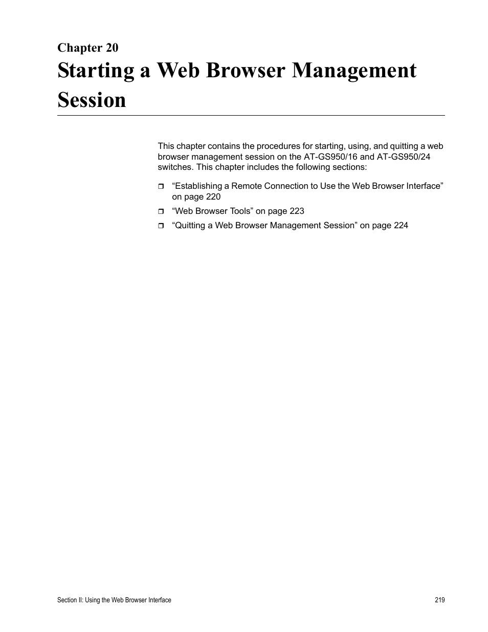 Chapter 20, Starting a web browser management session | Allied Telesis AT-S79 User Manual | Page 219 / 348